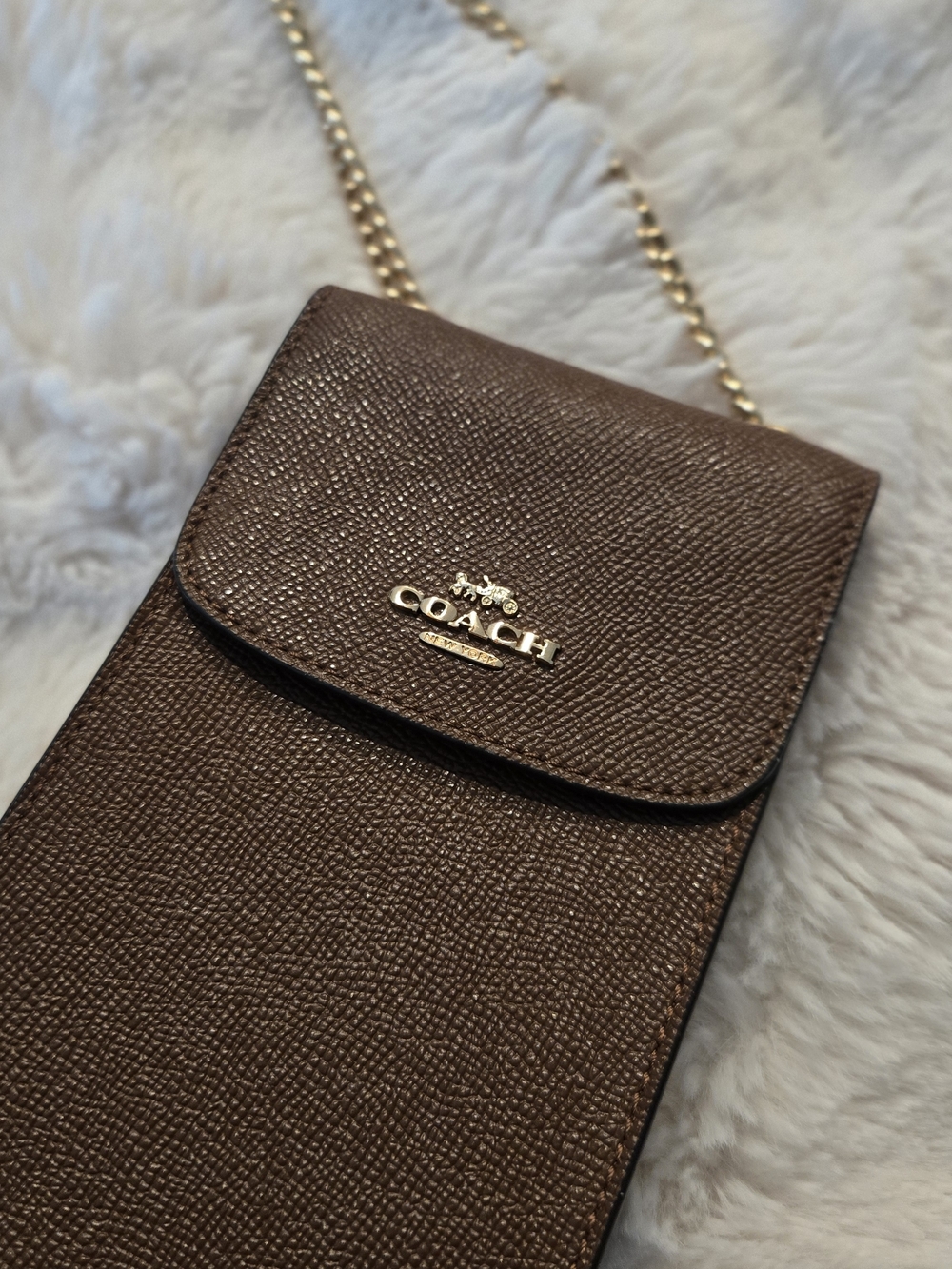 Coach Brown Leather Crossbody Phone Bag with Gold Chain